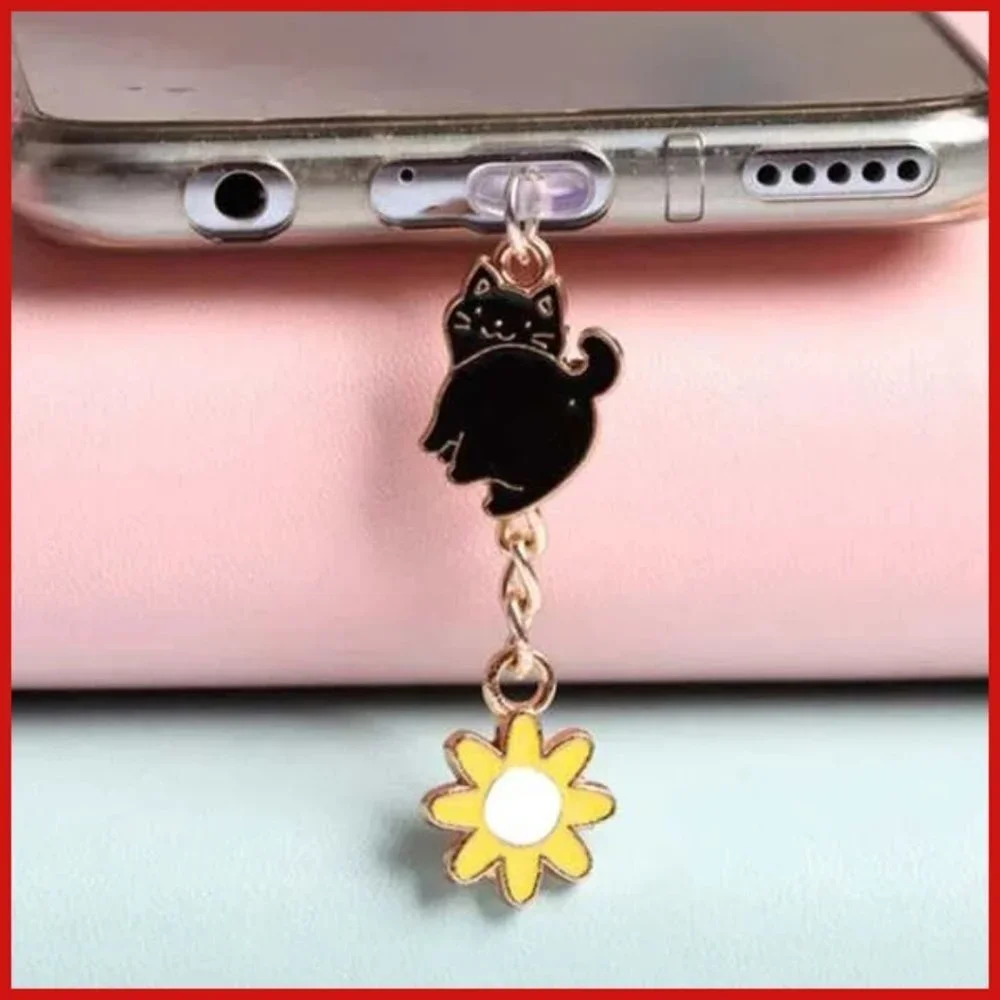 Type C USB Charging Port Anti Dust Plug Cute Cat and Sunflower